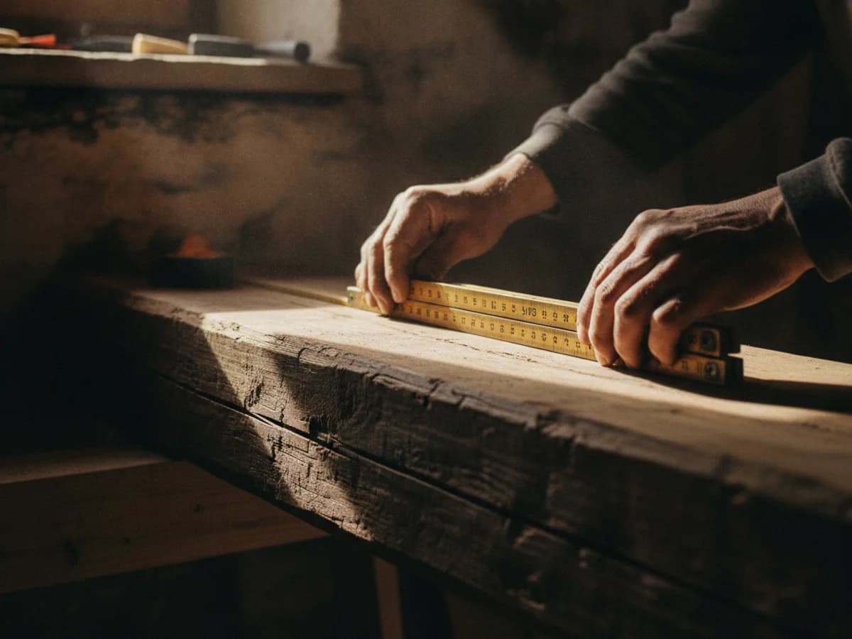 Hände bei der Arbeit am Holzbalken
